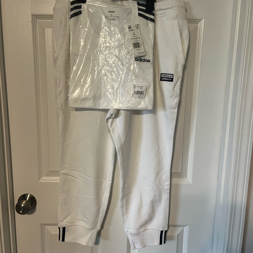 Two piece set Adidas White Jogger Sweatpants with Elastic Cuffs And matching Tee